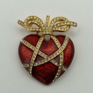 Vintage LIA (Lianna, Inc.) Red Enamel & Rhinestone Heart Brooch